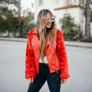 Guess Red Leather Jacket With Faux Fur 